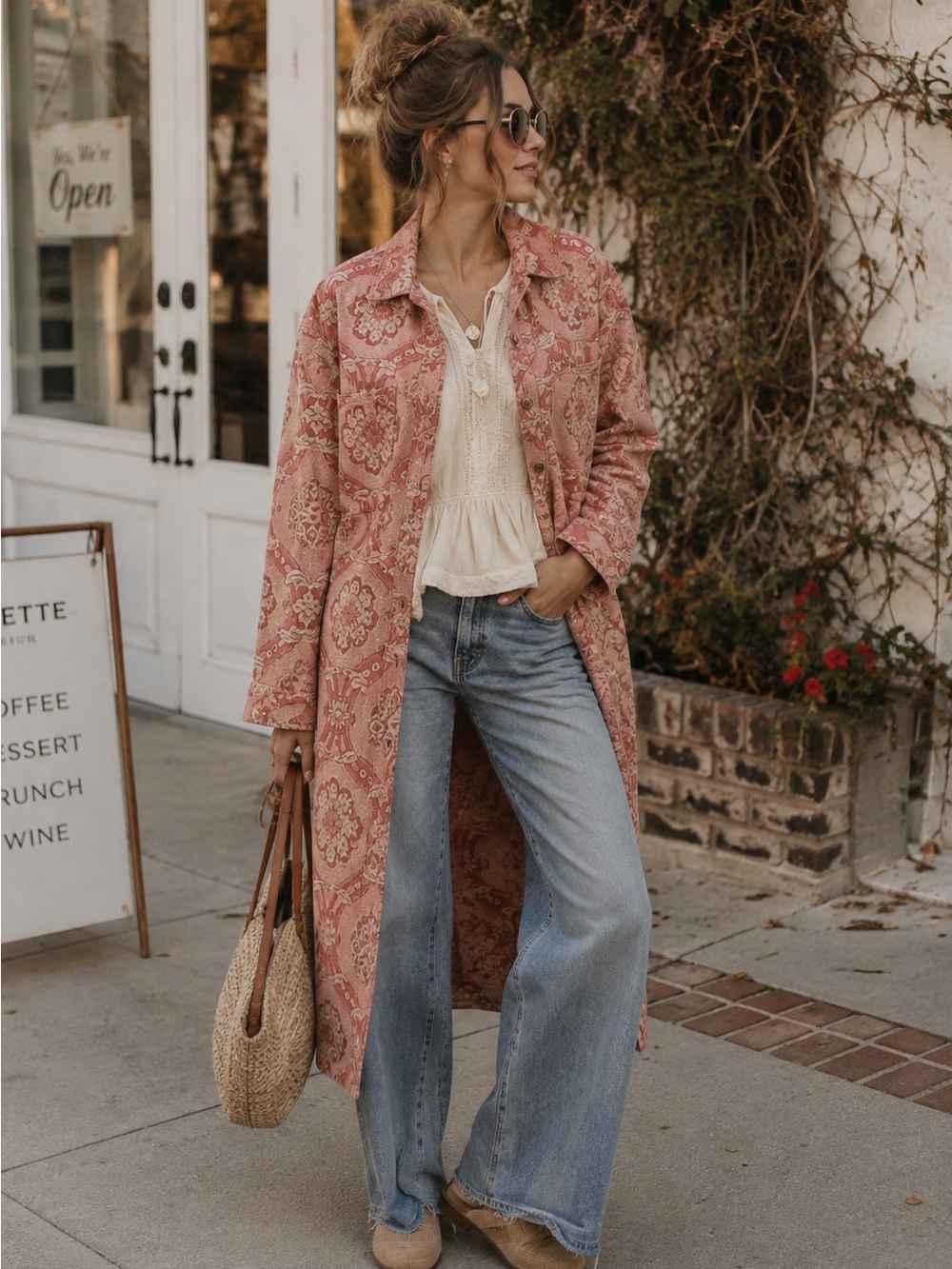 Free people We The Free Brick Lane Jacquard Maxi Shirt Jacket soft pink combo